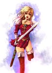  bad_id bad_pixiv_id blonde_hair boots fire_emblem fire_emblem:_seisen_no_keifu jewelry lachesis_(fire_emblem) long_hair mh_(m20-junta) open_mouth red_eyes shoulder_pads solo sword thigh_boots thighhighs weapon zettai_ryouiki 