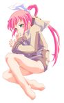  barefoot blush bottomless feet fetal_position finger_in_mouth green_hair hair_ribbon hana_(pangya) hood long_hair lying pangya pink_hair plantar_flexion ponytail ribbon solo tsak_ftb 