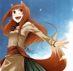  animal_ears ayakura_juu highres holo long_hair red_eyes smile solo spice_and_wolf tail wolf_ears wolf_tail 