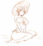 arched_back bad_id bad_pixiv_id barefoot bikini breasts covered_nipples front-tie_top full_body genderswap genderswap_(mtf) hat kneeling large_breasts luffyko monochrome one_piece orange_(color) sato_unta scar seiza short_hair side-tie_bikini simple_background sitting smile solo straw_hat swimsuit underboob white_background 