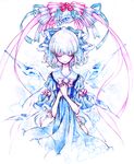  bell blue_hair cirno closed_eyes colored_eyelashes dress eyelashes hair_ribbon hands_clasped ice miri_(tobira_no_mukou) no_nose own_hands_together ribbon simple_background smile solo touhou traditional_media watercolor_(medium) wings 