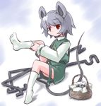  animal_ears basket dowsing_rod dressing feet grey_hair jewelry kugelschreiber mouse mouse_ears mouse_tail nazrin pendant red_eyes short_hair sock_pull socks solo tail touhou 