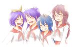  beni_shouga blue_hair closed_eyes glasses happy hiiragi_kagami hiiragi_tsukasa izumi_konata long_hair lucky_star mole mole_under_eye multiple_girls pink_hair pink_neckwear purple_hair ryouou_school_uniform school_uniform serafuku short_hair takara_miyuki 