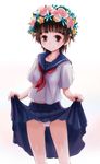  brown_eyes brown_hair flower hair_flower hair_ornament head_wreath lallil lifted_by_self panties pleated_skirt sakugawa_school_uniform school_uniform serafuku short_hair skirt skirt_lift smile solo to_aru_kagaku_no_railgun to_aru_majutsu_no_index uiharu_kazari underwear white_panties 