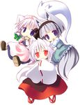  3girls animal_ears blue_eyes blush_stickers bow chibi collar dog_ears dog_tail fox_ears fox_tail hair_bow inubashiri_momiji izayoi_sakuya kemonomimi_mode konpaku_youmu konpaku_youmu_(ghost) maid maid_headdress multiple_girls nagomi_tozakura open_mouth red_eyes short_hair tail touhou white_hair wolf_ears wolf_tail 