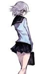  alternate_costume bad_id bad_pixiv_id bag blue_eyes braid briefcase contemporary izayoi_sakuya looking_back miniskirt school_uniform serafuku skirt solo tima touhou white_hair 