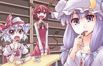  :d :o alternate_hair_length alternate_hairstyle bat_wings blue_hair bow bowtie demon_tail eyelashes fang hat head_wings hikawa_shou koakuma long_hair looking_at_viewer multiple_girls open_mouth patchouli_knowledge pointy_ears purple_eyes purple_hair red_eyes red_hair remilia_scarlet short_hair smile staring tail touhou wings 