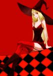  bad_id bad_pixiv_id blonde_hair boots checkered copyright_request crossed_legs garter_straps hat kol49 legs long_hair red_eyes sitting solo thighhighs witch_hat 