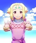  blonde_hair blush bridal_gauntlets cat's_cradle cloud day facial_mark fiona_(zoids) flat_chest forehead_mark hair_ribbon hands outdoors red_eyes ribbon sash short_hair sky smile solo standing turtleneck ueyama_michirou water zoids zoids_chaotic_century 