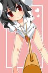  animal_ears black_hair blush bunny_ears carrot downblouse dress_shirt heart inaba_tewi jewelry leaning_forward looking_at_viewer mallet morino_harifu no_pants pendant red_eyes shirt short_hair simple_background smile solo touhou 