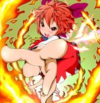  achi_cirno alternate_color alternate_element barefoot bow cirno fiery_wings fire foreshortening hair_bow hands perspective red_eyes red_hair reri serious short_hair solo touhou wings 