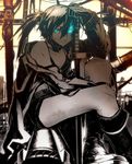  black_hair black_rock_shooter black_rock_shooter_(character) blue_eyes burning_eye gloves glowing glowing_eyes kawazu long_hair solo sword twintails weapon 