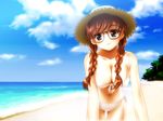  beach bikini blue_eyes braid breasts brown_hair cleavage day front-tie_top glasses hair_over_shoulder hat large_breasts leaning_forward original side-tie_bikini solo soshina_nohito straw_hat swimsuit twin_braids 