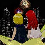  1boy 1girl aliasing blonde_hair city couple dress fireworks gash_bell konjiki_no_gash konjiki_no_gash!! long_hair lowres moon night outdoors red_hair redhead romantic short_hair sitting skyscraper tio_(gash_bell) tio_(konjiki_no_gash!!) tio_(zatch_bell) 