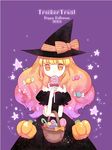  2009 bad_id bad_pixiv_id basket bow candy copyright_request dress food gradient_hair halloween happy_halloween hat lollipop long_hair multicolored_hair no_nose pumpkin purple_background solo star swirl_lollipop trick_or_treat wasabi_(sekai) witch_hat 