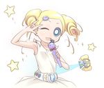  \m/ belt blonde_hair blue_eyes blush child dress drill_hair furi goutokuji_miyako happy microphone one_eye_closed parody powerpuff_girls_z seikan_hikou solo star 