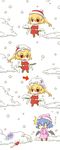  2girls :3 :d absurdres bad_id bad_pixiv_id bat_wings chibi coat comic directional_arrow dying_message eiri_(eirri) flandre_scarlet gloom_(expression) highres multiple_girls o_o object_on_head open_mouth remilia_scarlet shovel smile snow snow_shovel touhou translated wings winter winter_clothes 