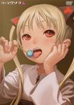  absurdres blonde_hair candy cover dvd_cover food hair_ornament highres ishida_karin licking lollipop long_hair murata_renji official_art red_eyes scan shangri-la solo tongue twintails upper_body zipper 