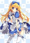  alice_(wonderland) alice_in_wonderland apron bad_id bad_pixiv_id blonde_hair blue_eyes bow checkered checkered_background dress garters hair_bow hand_on_own_chest long_hair panties ribbon side-tie_panties solo thighhighs underwear white_legwear yukiwo 