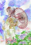  bad_id bad_pixiv_id flower highres hydrangea japanese_clothes kimono oriental_umbrella original solo traditional_media umbrella yuhka 