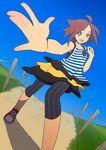  ahoge black_legwear blue_eyes brown_hair copyright_request foreshortening hair_ornament hairclip hands leggings looking_at_viewer shoes shorts skirt sneakers solo spandex striped striped_legwear ukokkei vertical-striped_legwear vertical_stripes 