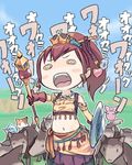  @_@ animal blush brown_hair crown dragon_quest dragon_quest_ix elbow_gloves fangs furi gloves hair_ornament heart heart_hair_ornament heroine_(dq9) long_hair marching midriff shield slime_(dragon_quest) solo staff translated wolf 