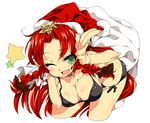  ;d alabaster_(artist) bad_id bad_pixiv_id bent_over bikini black_bikini blush body_blush braid breasts christmas cropped_legs fang green_eyes hat hong_meiling large_breasts long_hair oekaki one_eye_closed open_mouth red_hair sack salute santa_hat side-tie_bikini simple_background smile solo swimsuit touhou twin_braids two-finger_salute 