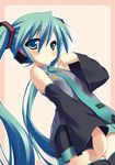  amakara_surume blush dutch_angle from_below hatsune_miku long_hair simple_background solo thighhighs twintails very_long_hair vocaloid zettai_ryouiki 