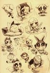  animal_costume animal_ears bed blossom_(ppg) brown bubbles_(ppg) bunny_ears buttercup_(ppg) cape carrot flower gloves hair_ornament hair_ribbon hat koki_(ryoushikiha) laughing long_hair mayor_mayer mojo_jojo monochrome multiple_girls pillow powerpuff_girls professor_utonium ribbon sharp_teeth short_hair sitting sleeping smile stuffed_toy teeth twintails yellow_background 