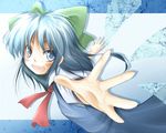  blue_dress blue_eyes blue_hair bow cirno cravat dress green_bow hair_bow looking_at_viewer outstretched_arms shirayuki_mutsumi short_hair short_sleeves simple_background solo touhou upper_body 