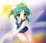  bare_arms bow collarbone daiyousei fairy_wings glowing green_eyes green_hair hair_bow hair_ornament hairclip long_hair neopure one-piece_swimsuit ponytail school_swimsuit solo swimsuit touhou wings 