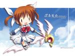  bad_id bad_pixiv_id blush bow brown_hair chibi hair_ribbon kohinata_sora left-handed lyrical_nanoha mahou_shoujo_lyrical_nanoha raising_heart ribbon short_twintails smile solo staff takamachi_nanoha twintails wings |_| 