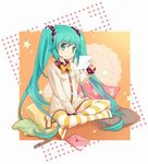  blue_eyes blue_hair bow envelope hair_bow hatsune_miku indian_style letter long_hair lowres pillow rocky_(chendongjian) sitting solo striped striped_legwear thighhighs twintails very_long_hair vocaloid 