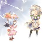  bad_id bad_pixiv_id bat_wings blue_hair braid chibi clock hat izayoi_sakuya kuzugitsune_(inarikami) lowres multiple_girls no_eyes pantyhose plate remilia_scarlet roman_numerals smile tears touhou turn_pale twin_braids wings 