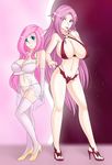  bat big_breasts blue_eyes bra breasts cleavage clothed clothing duo elbow_gloves fluttershy_(mlp) footwear friendship_is_magic gloves hair hand_on_mouth high_heels human jonfawkes lingerie long_hair looking_at_viewer mammal my_little_pony open_mouth panties pink_hair red_eyes standing teeth transluscent undead underwear vampire 