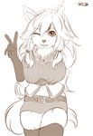  anthro belt buckle canine clothed clothing dog female hair hand_behind_back long_hair looking_at_viewer mammal navel one_eye_closed open_mouth simple_background solo standing v_sign white_background wink yus-ts 