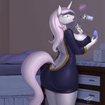  2015 anthro anthrofied bed big_butt breast_expansion breasts butt clothed clothing english_text equine female fleur_de_lis_(mlp) friendship_is_magic hair horn kevinsano mammal my_little_pony perfume pillow solo text thick_thighs unicorn 