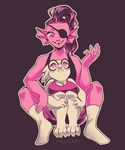  2015 alphys big_breasts breasts chillisart cleavage clothed clothing duo english_text eye_patch eyewear female fish glasses hair marine monster pink_eyes pink_theme scalie smile text undertale undyne video_games 