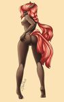  2015 anthro anus back booshii braided_hair brown_fur butt equine erect_nipples eyes_closed female fur hair hand_on_butt hooves horse mammal nipples nude pink_hair pussy rear_view simple_background solo standing tan_background 