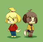  1boy 1girl animal_crossing anthro black_nose blonde_hair blush blush_stickers brown_hair canine clothing cosplay costume_switch crossdressing dog doubutsu_no_mori dress duo female furry green_background hair hair_ornament isabelle_(animal_crossing) kento_(doubutsu_no_mori) looking_at_viewer mammal nintendo ponytail shizue_(doubutsu_no_mori) short_hair sibling siblings simple_background sisters solo tail uniform unknown_artist video_games 