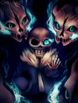  blue_eyes bone chillisart clothed clothing english_text gaster_blaster group hoodie jacket looking_at_viewer male monster sans_(undertale) skeleton skull smile solo text undertale video_games watermark 