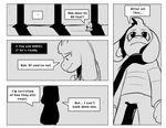  2015 anthro asriel_dreemurr black_and_white caprine clothed clothing dialogue english_text fatz_geronimo_(artist) frisk fur goat hair long_ears male mammal monochrome monster solo text undertale video_games 