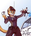  2015 anthro cheetah clothing feline female handcuffs hat knife larger_female male mammal micro police police_car radio rat rodent shackles size_difference smaller_male tirrel uniform 