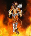  2015 abs absurd_res armor balls boots brown_fur brown_hair chain clothing clownboy1 codpiece collar dark destroy digital_media_(artwork) feline fire floating flying footwear fur gem glowing gold_(metal) hair hairy hi_res jewelry lion male mammal mature muscular necklace penis toned uncut 