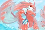  anthro anthrofied breasts clothing female hair hand_on_hip latias legendary_pok&eacute;mon low-angle_shot nintendo one-piece_swimsuit pok&eacute;mon red_hair solo standing swimsuit tysontan video_games water wings 