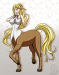  2015 blonde_hair blush centaur centorea_shianus_(monster_musume) equine female hair human long_hair mammal mykegreywolf ponytail solo taur 