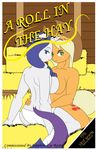  anthro anthrofied applejack_(mlp) bedroom_eyes blonde_hair blue_eyes breasts clothed clothing comic cutie_mark dekomaru duo earth_pony english_text equine female female/female freckles friendship_is_magic fur green_eyes hair half-closed_eyes half-dressed hay hay_bale horn horse looking_at_viewer looking_back mammal my_little_pony navel orange_fur pony purple_hair rarity_(mlp) seductive smirk text thehotroom topless unicorn white_fur 