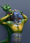  anthro blue_background blue_eyes blue_scales dragon duo goo green_eyes latex_(artist) male melting merging multicolored_scales rubber scales simple_background smile transformation two_tone_scales white_scales white_sclera 