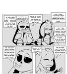  2015 anthro asriel_dreemurr black_and_white bone caprine comic dialogue duo english_text fatz_geronimo_(artist) frisk goat mammal monochrome sans_(undertale) skeleton text undertale video_games 