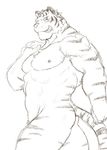  blush butt feline looking_at_viewer male mammal manya monochrome muscular nude pecs simple_background solo tiger white_background 